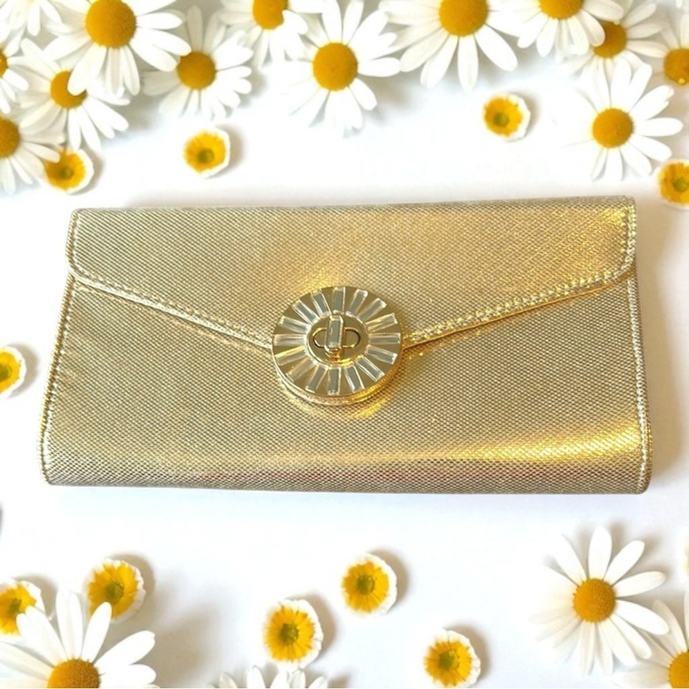 Kate Landry Shimmering Gold Clutch Metallic Envelope Bag Crystal Brooch Detail